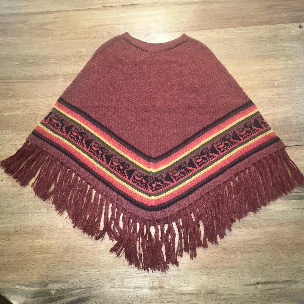 Alpaca‎ 100% Womens OS Poncho Rust Red Aztec Soft Tassel Fringe Boho Shawl Cape